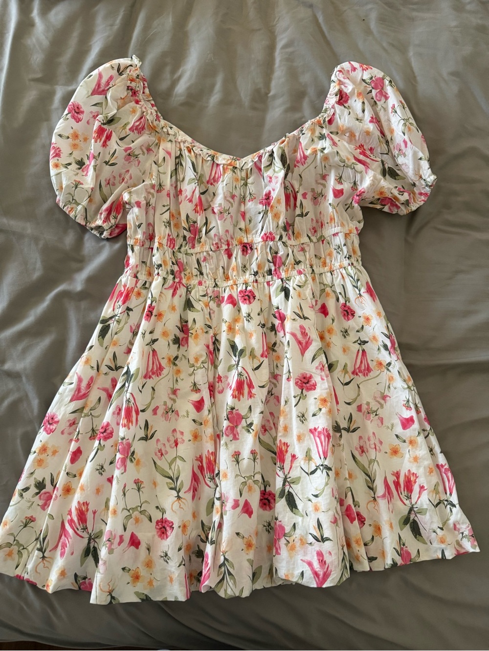 H&M White Floral Puff-Sleeve Smocked Waist Top with Pink & Green Print